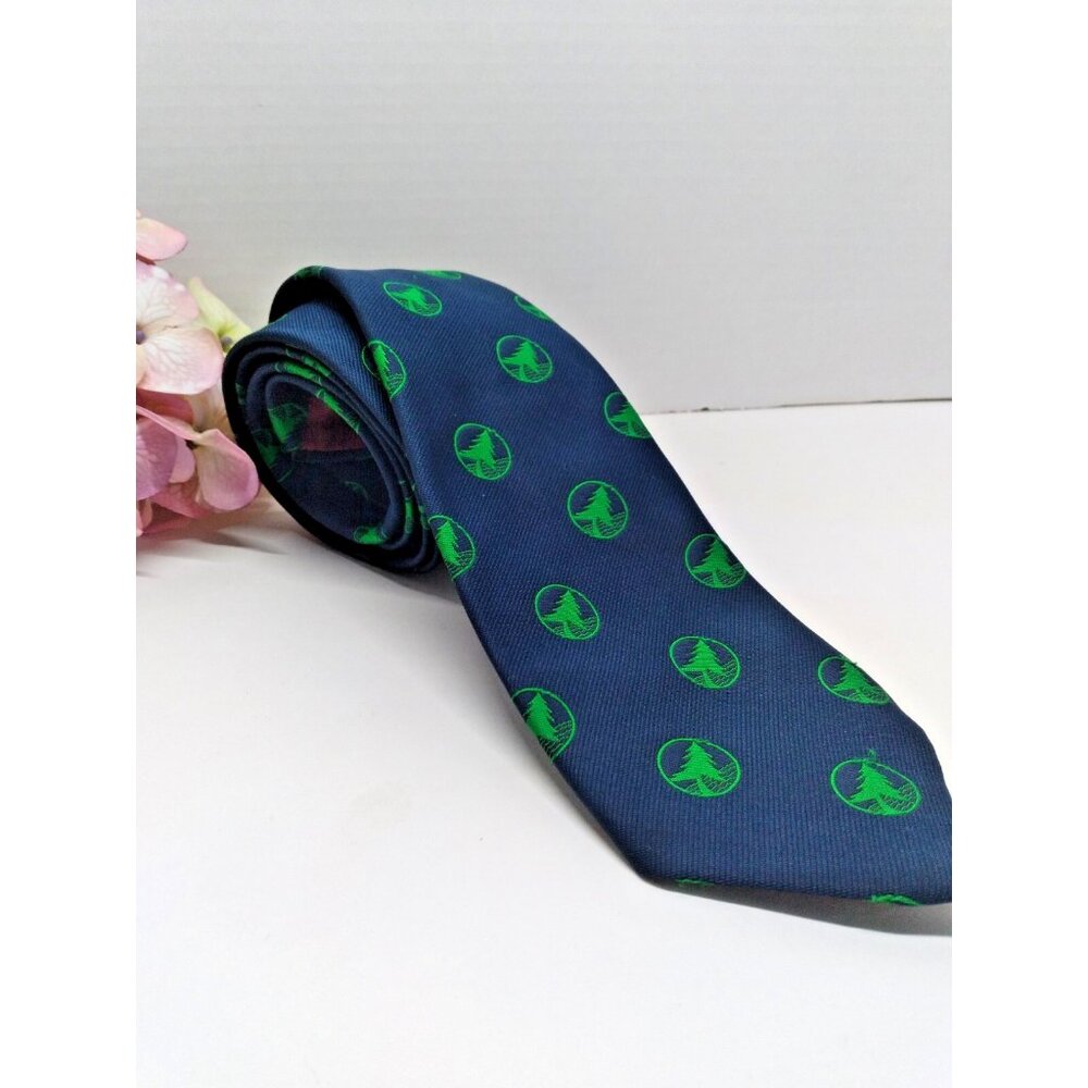 Vintage Chipp Navy Blue Green Trees Tie Embroidered Preppy Holiday Necktie